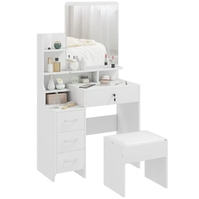 Image de HOMCOM Ensemble de Coiffeuse Table Maquillage avec Tabouret rembourré Grand Miroir + Plusieurs étagères Ouvertes 4 tiroirs Blanc