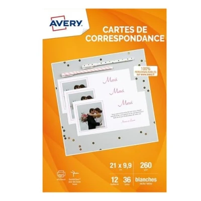 Image de AVERY Pochette de 36 cartes correspondance à bords lisses (260g/m²), Personnalisables et imprimables, Format 210 x 99 mm, Impression jet d&#039;encre,