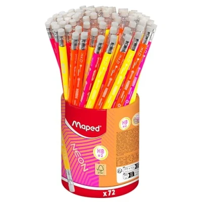 Image de Maped 72 Crayons Graphite HB2 NEON à Papier FSC HB Embout Gomme Forme Triangulaire Ergonomique Mine Résistante