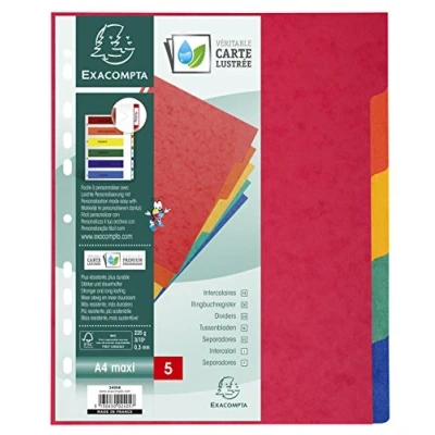 Image de Exacompta Réf. 2405E Intercalaires en véritable carte lustrée souple 225g/m2 FSC® avec 5 onglets neutres Format à classer A4 maxi Dimensions 24,5 x 29,7 cm couleurs assorties