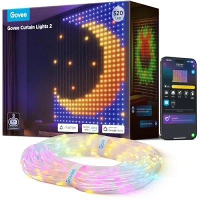 Image de Govee Curtain Lights, Rideau LED Intelligent avec GIF DIY, 520 LEDs RGBIC Décoration Dynamique Intelligente, IP65 Max Etanche, Compatible Alexa, de Fête (1,5 x 2 m)