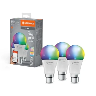 Image de LEDVANCE Lampe LED intelligente avec technologie WiFi, B22d base, optique mate ,Couleurs RVBW modifiables, couleur de lumière modifiable (2700K 6500K), 806 Lumen,Remplacement 60W Ampoules 3 Pack
