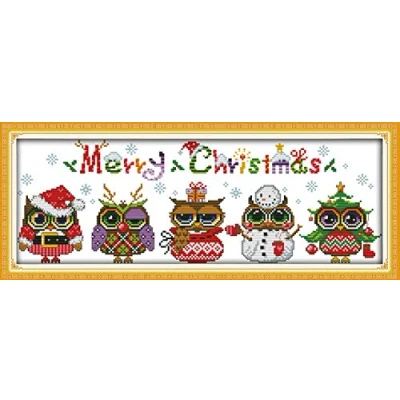 Image de Kit de broderie au point croix, motif hiboux Noël, Awesocrafts facile à broder, fournitures cadeaux estampillés ou comptés (chouettes, comptés)