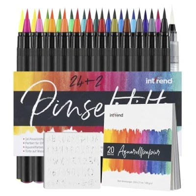 Image de int!rend Kit de Feutres Coloriage Adulte 51 Pieces 24 Feutre Aquarelle + 2 Stylos à Réserve 20 Papier Dessin &amp; 5 Pochoirs pour Bullet Journal, Scrapbooking, Calligraphie