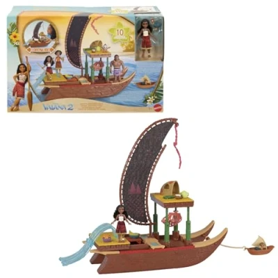 Image de Mattel Disney La pirogue de Vaiana Transformable Coffret 2 avec flottante, petite poupée Vaiana, 1 ami personnage, 6 espaces jeu et 10 accessoires, JBT78
