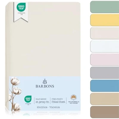 Image de BARBONS Drap Housse pour lit de bébé 60x120 / 70x140 d&#039;enfant 100% Coton Jersey Oeko TEX Standard 100 certifié Draps Bebe Matelas Écru