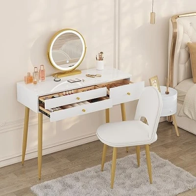 Image de WOLTU Ensemble Coiffeuse avec Miroir LED Réglable et Chaise en Velours, Table de Maquillage 3 Tiroirs Bois Massif, Grand Plateau 100x40cm, Bureau Coiffeuse, Blanc+Crème+Or, MB6105ws