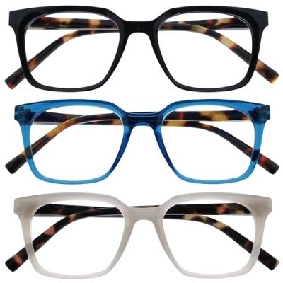 Image de OPULIZE KOI Lunettes de Lecture Lot 3 Large Monture Rectangulaire Noir/Bleu/Gris Hommes Femmes Charnières à Ressorts RRR50 137 +1.00