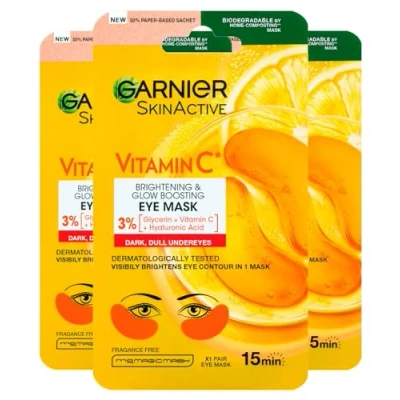 Image de Garnier SkinActive Vitamin C Masque Contour des Yeux Illuminant Pour Tous Types de Peau avec Vitamine Acide Hyaluronique Tissu Biodégradable 3 paquets 1 application