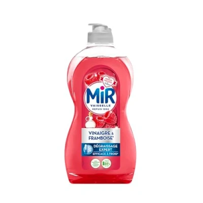 Image de Mir Vaisselle Vinaigre &amp; Framboise Dégraissage Expert Efficace à Froid Blanc Sans Conservateurs Allergènes Parfum Marque Préférée des Français Bouteille de 450 ml