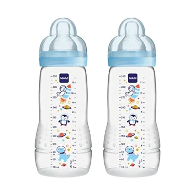Image de MAM Easy Active Baby Bottle with Fast Flow Teats Size 3, Twin Pack of Bottles, Feeding, 330 ml, Blue (Designs May Vary)