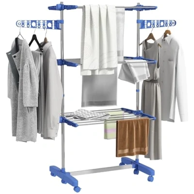 Image de HOMCOM Séchoir à Linge étendoir Pliable Ailes latérales Utilisation intérieure et extérieure 142 x 55 152 cm 3 Niveaux Bleu