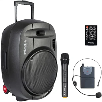 Image de Ibiza PORT15UHF MKII TWS Enceinte Portable de 15/800W Max avec 2 micros (UHF), télécommande et Housse Protection Bluetooth, USB, SD &amp; Autonomie 6 à 8h