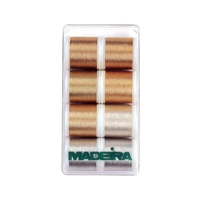 Image de Madeira 8014 Heavy Metal Boîte avec 8 Bobines de Fil Broderie Métallique 100 M, Multi, x 200m