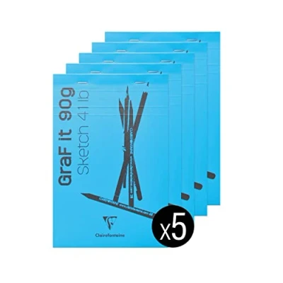 Image de Clairefontaine 96681Cpack Bloc Agrafé GraF&#039;it 80 Feuilles Papier Dessin Croquis Uni Détachables A4 21x29,7 cm 90g Couverture Bleu Ciel Paquet de 5 Blocs