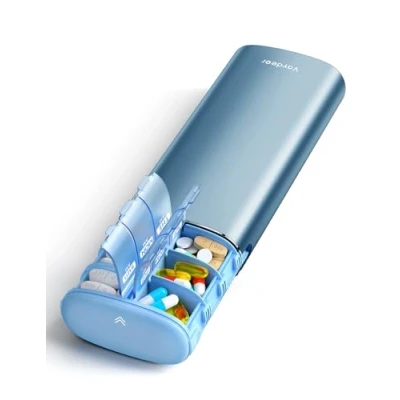 Image de VAYDEER Boîte à pilules de voyage Pour 7 jours Résistante au sec Métal 2 fois par jour Design simple hebdomadaire médicaments le matin et soir (bleu)