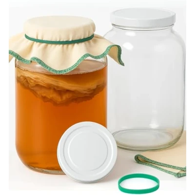 Image de myFERMENTS Grands Bocaux en Cristal avec Couvercles 4L pour Kéfir, Kombucha, Fromage Goulot Large 10cm, Hermétique Verre Transparent, Lot de 2, Verre, Coton, Caoutchouc