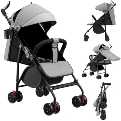 Image de Poussette Canne Bébé Ultra Légère, Compacte, Pliable et Inclinable de la Naissance à 25 kg, avec Système Trolley, Housse Pluie Incluse, CapoteExtensibleA gris