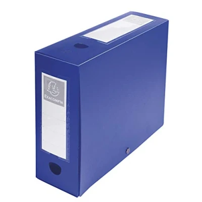 Image de Exacompta Réf. 59932E 10 boîtes d&#039;archives à pression en PP opaque Dos 100 mm Porte étiquettes sur les 2 faces Pour format A4 Dimensions 25 x 33 cm Couleur bleu livrée plat