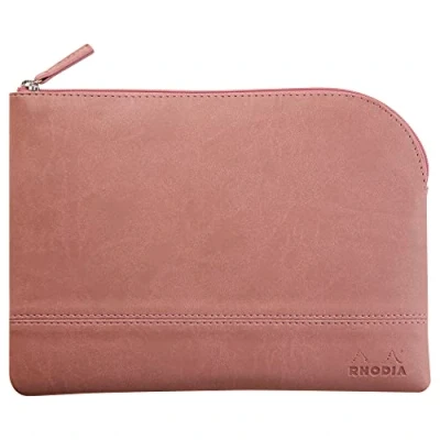 Image de RHODIA 116629C Pochette Zippée en Simili Cuir Bois de Rose Taille M (16 x 22 cm) Coutures Véritables Intérieur Tissu Orange Rangement Documents, Petites Fournitures