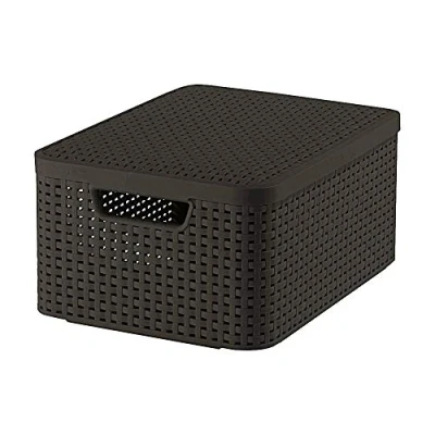 Image de CURVER Boîte de Rangement Style 18L Aspect Rotin Texturé Pour Chambre, Salon, Salle Bain, Buanderie 39,7x29x18,7 cm Chocolat 70 % Recyclé