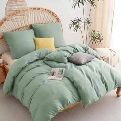 Image de WAVVE Parure de lit, 4 pièces, en microfibre douce, avec fermeture éclair, vert sauge, housse couette 135 x 200 cm et taies d&#039;oreiller 80 cm, sauge