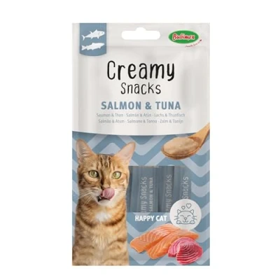 Image de Bubimex Creamy Snacks Thon et Saumon Friandises Crèmes à Lécher pour Chats Texture Lisse, Onctueuse Appétissante Stimule l&#039;Appétit Favorise l&#039;Hydratation 4 x 15 g