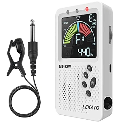 Image de Accordeur de métronome, LEKATO Grand écran LCD rechargeable numérique 3 en 1, avec modes réglage guitare, basse, violon, ukulélé et chromatique pour tous les instruments (Blanc)