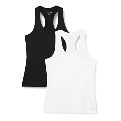 Image de Amazon Essentials Débardeur Tech Extensible À Dos Nageur (Disponible en Grande Taille) Femme, Lot de 2, Noir/Blanc, XS