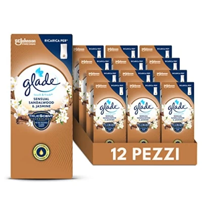Image de Glade Touch &amp; Fresh Recharge, parfum d&#039;ambiance mini spray, santal de Bali et jasmin, format stock 12 recharges, 10 ml