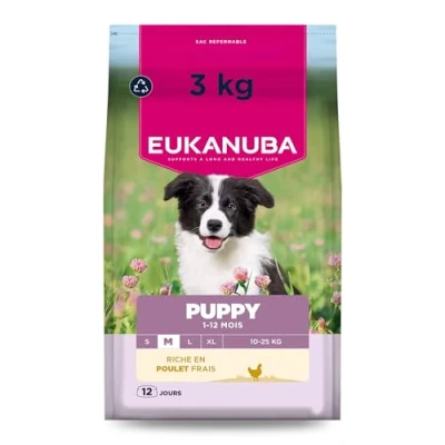 Image de EUKANUBA Life Care Croquettes Chiots Moyenne Race 1à 12 Mois, Riche en Poulet Frais, Croissance optimale DHA, Calcium, Oméga 3&amp;6, prébiotiques FOS, sans colorants, arômes artificiels ni OGM 3 kg