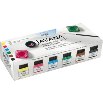 Image de KREUL 81600 Javana Set de peinture sur soie avec 6 pots en verre 20 ml, 1 tube gutta ml et pinceau, pour la les textiles clairs Couleurs base