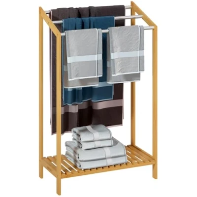 Image de Porte serviettes en bambou sur pied avec 3 barres inox Étagère de rangement