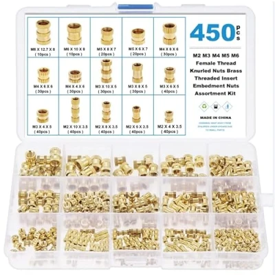 Image de Faankiton 450PCS Écrous Moletés à Filetage, filetés en laiton, 15 Tailles Insert Fileté Filetage Femelle, Laiton pour Injection Moulage Imprimer 3D M2 M3 M4 M5 M6