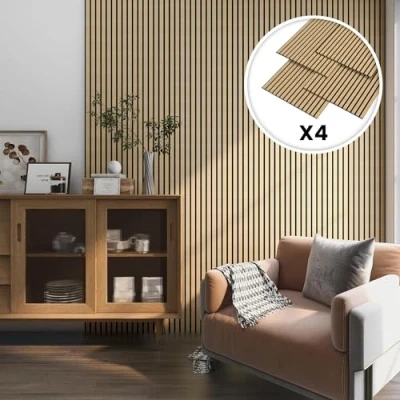 Image de NEU.HOLZ Set de 4 Panneaux Acoustiques Muraux Plafond Isolation Sonore Lattes Décoratives Style Scandinave Installation Facile NRC 0,8 MDF 120 x 60 cm Effet Chêne Clair