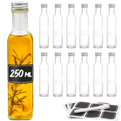 Image de Praknu 12 Bouteilles Verre 250ml avec Bouchon a Vis Bouteille Étiquettes et Marqueur Vide pour Liqueurs, Huile, Vinaigrette