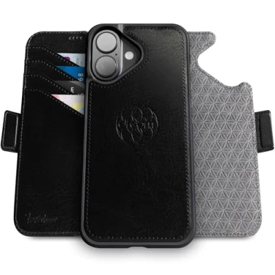 Image de dreem Fibonacci Compatible avec iPhone 16 funda cartera / 2 en 1 étui Antichoc et Folio Amovible Cuir végétal, MagSafe, Protection RFID [Noir]