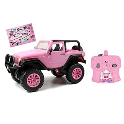 Image de Dickie Toys RC Girlmazing Jeep Wrangler Voiture télécommandée avec télécommande 2 canaux 2,4 GHz Turbo Autocollant Inclus Rose métallisé Brillant