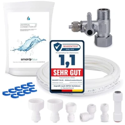Image de ZO004 Set de raccordement universel pour conduite d&#039;arrivée d&#039;eau vanne d&#039;arrêt (3/8&quot;x3/8&quot;x1/4&quot;), 10m tuyau d&#039;eau, raccords (1/4, 3/4, 7/16 pouces) réfrigérateurs Side by Side, osmose inverse