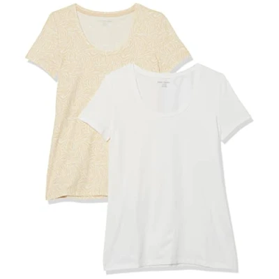 Image de Amazon Essentials T Shirt à Encolure Dégagée Coupe Classique Manches Courtes (Grandes Tailles Disponibles) Femme, Lot de 2, Blanc/Havane Impriméanimaux, M