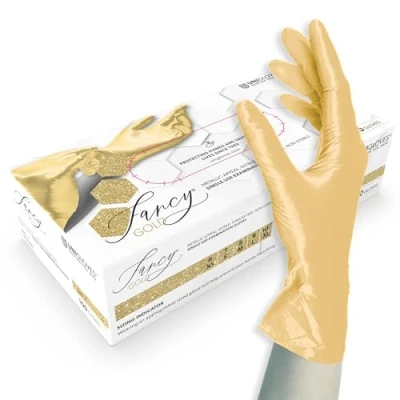 Image de Unigloves FANCY Gold Gants jetables, en nitrile, non stériles, sans poudre, adaptés à un usage alimentaire, protection contre les virus, champignons et bactéries (L (8 9))