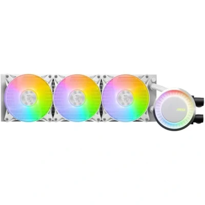 Image de MSI MAG CORELIQUID E360 White Kit Watercooling CPU, Plaque Froide en Cuivre Agrandie, Tête Waterblock ARGB &amp; Ventilateurs FDB, Double Chambre, Radiateur Split Flow, Compatible AMD Intel