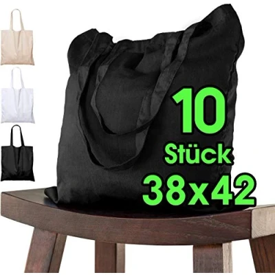 Image de ELES VIDA Lot de 10 Set Sacs en coton non imprimés 38 x 42 cm, sac à bandoulière, toile, courses, toile ÖKO TEX® provisions Noir
