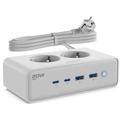 Image de VOOMY multiprise avec Interrupteur &amp; USB c 20W Rapide, 2 C, A, Prises Secteur, Rallonge Electrique 2m, parafoudre et surtension, idéal comme Bureau