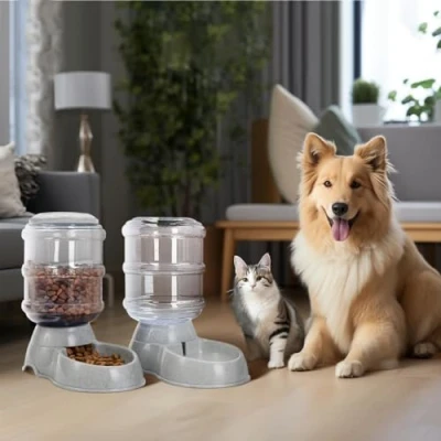 Image de Navaris 2X Distributeur Croquettes et Eau Accessoire pour Chat Chien Gamelle Automatique Nourriture Lapin Capacité 3,8L