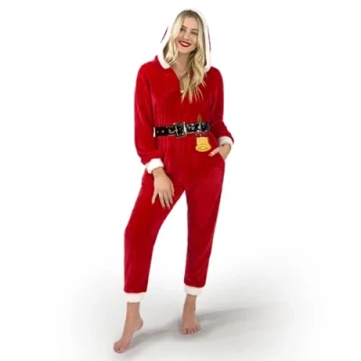 Image de Giggling Getup Tenue de Pyjama à Capuchon Père Noël Mince pour Femmes, Une pièce Rouge Adulte, en Polaire Fermeture éclair sur Le Devant M