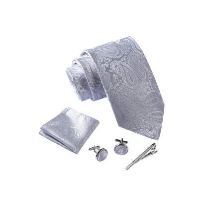 Image de Cravate Hommes Paisley gris et mouchoirs de poche, boutons manchette Pinces à cravates Coffret cadeau Accessoires Fete Mariage
