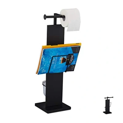 Image de Relaxdays Brosse WC et dérouleur papier, avec porte revue, autonome, métal, accessoire, HLP 70 x 25,5 20 cm, noir