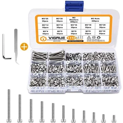 Image de VIGRUE 1100pcs M3 tête hexagonale en acier inoxydable Vis écrous et rondelles Assortiment de rangement Coffret M3*4/5/6/8/10/12/14/16/18/20/25/30