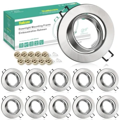 Image de Tailcas Spot Encastrable GU10 Cadre Set, 10 Pièces Orientables de Plafond montage En Métal Brossé Rond incl.Douille 230V, Trou Ø70mm, Pour Lampes A LED Ou Halogènes